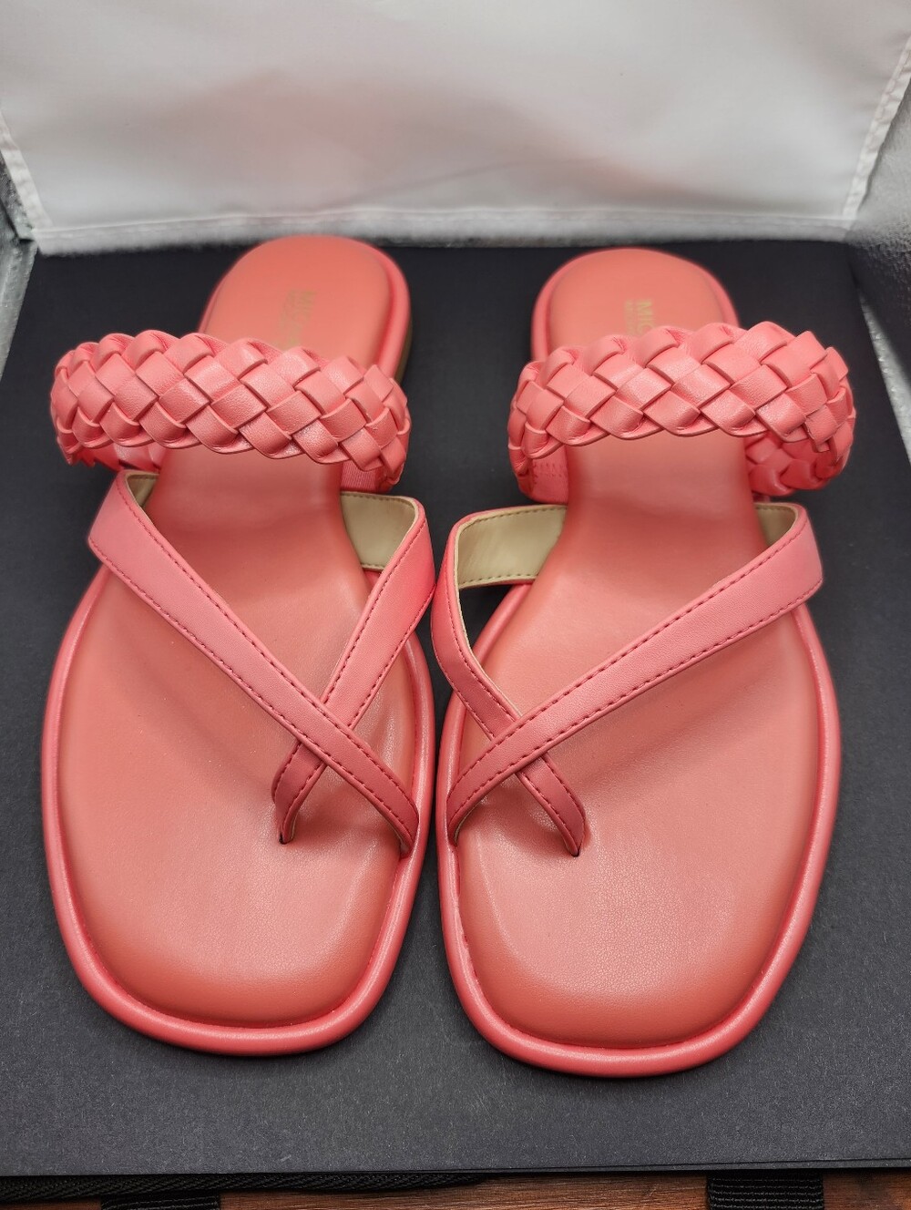 New, Michael Kors Alba Braided Thong Slide Sandals Dahlia Pink Coral Size 7